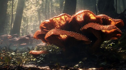 Large Orange Mushrooms Illuminated in a Misty Forest