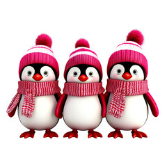 Fototapeta premium Three cheerful cartoon penguins in festive hats and scarves winter fun isolated on png transparent background