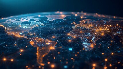 Fototapeta premium A digital map of the world with glowing connections between cities, representing global connectivity and data transfer across national borders