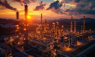 oil refinery plant for crude oil industry on desert in evening twilight energy industrial machine for petroleum gas production background.