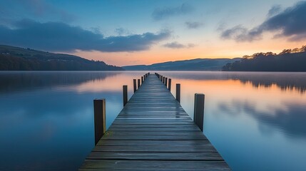 Wooden pier extending over calm water at sunset. background with beautiful landscape