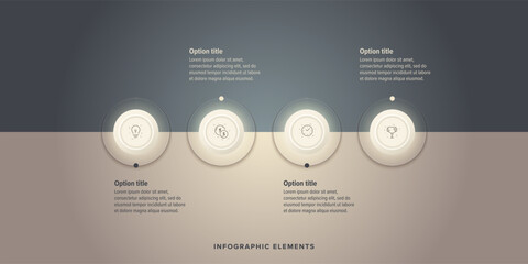 Business process chart infographics with 4 step circles. Round workflow graphic elements. Company flowchart presentation slide. Vector info graphic in flat design