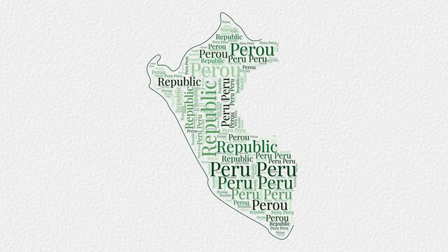 Peru logo animation featuring a word cloud of country names in multiple languages on a paper-style background. Ideal for country presentations or intros.