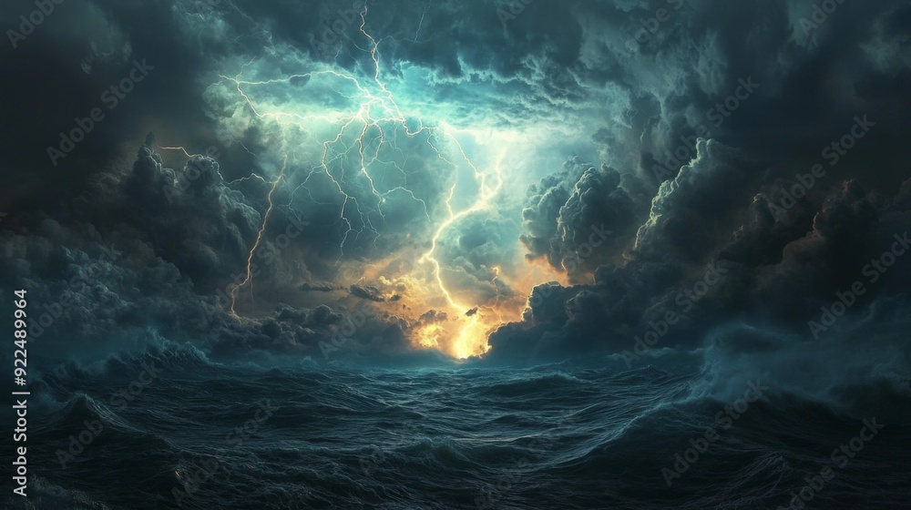 Poster A panoramic view of a stormy sea with lightning illuminating the dark clouds, creating a dramatic and electrifying contrast between the storm and the ocean.