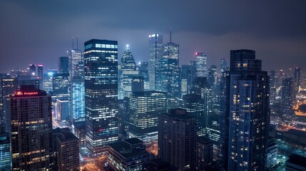 cityscape at night with skyscrapers lit up