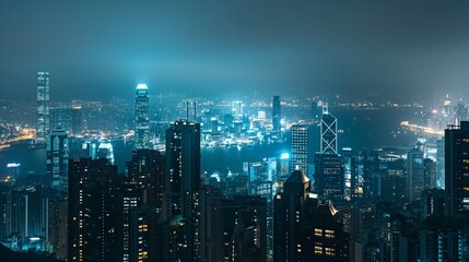 cityscape at night with skyscrapers lit up