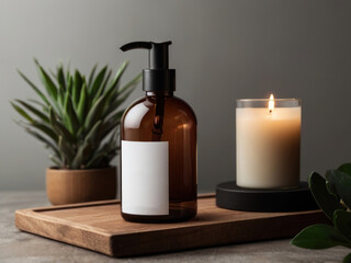 Brown glass bottle with blank label on wooden table