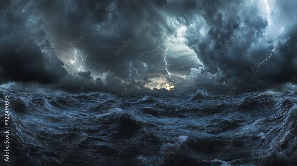 Poster A panoramic view of a stormy sea with lightning illuminating the dark clouds, creating a dramatic and electrifying contrast between the storm and the ocean.
