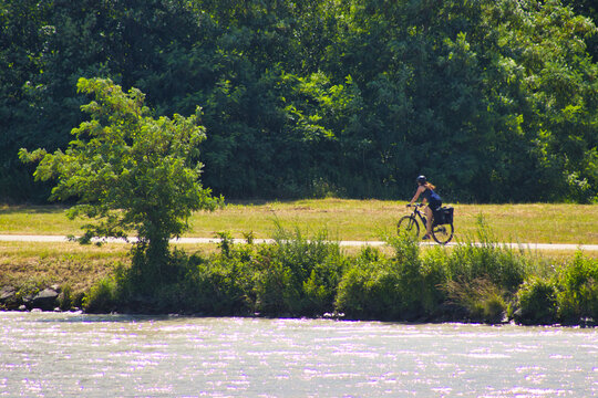 Radfahrerin auf dem Donau-Radweg - &Ouml;sterreich (Symbolbild Radtour am Fluss)