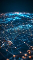 Obraz premium A digital map of the world with glowing connections between cities, representing global connectivity and data transfer across national borders