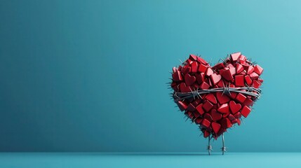 A creative heart shape made from red pieces, symbolizing love and unity against a calming blue background.