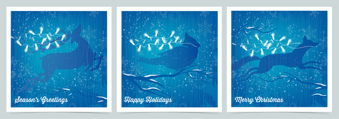 Woodland Animals Running with White Christmas Lights on Blue Background