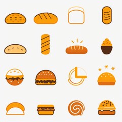 Bread loaves icon, bakery products set, flat minimal pastry collection, baked buns, baguettes symbols