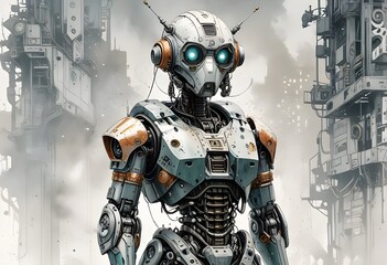 Fototapeta premium color drawing of a robot in the city