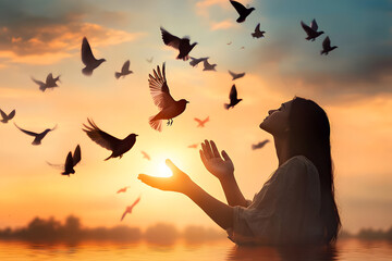 Woman praying and free the birds flying on sunset background, hope concept