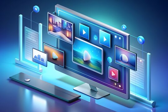 Illustration of flowing web app icons on cloud integrated widescreen Internet TV / computer.
