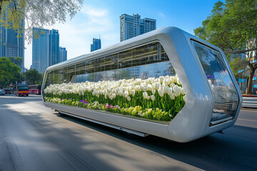 Naklejka premium Futuristic Glass Trailer with White Tulips, Urban Environment and Modern Design