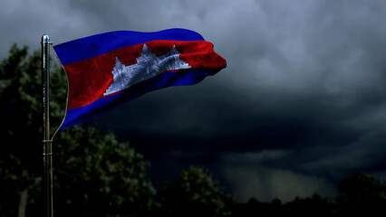 Cambodia flag for independence day on dark storm cumulus - abstract 3D illustration