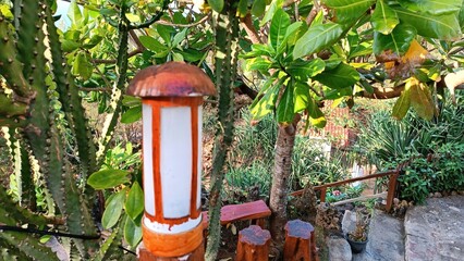 A light fixture is hanging from a tree in a garden