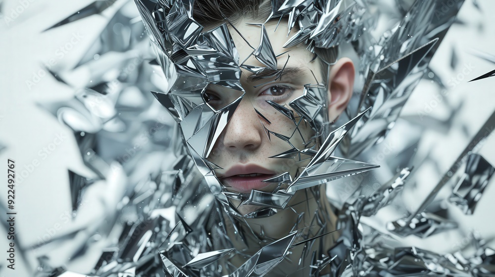 Poster A young individual's face is partially obscured by sharp, reflective shards, creating a striking visual representation of fragmentation and self-exploration