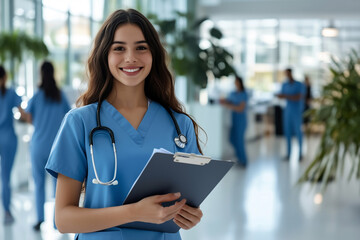 Smiling Young Female Nurse in Blue Scrubs with Stethoscope and Clipboard
