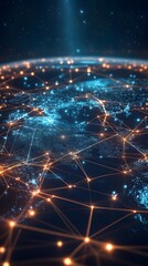 Obraz premium A digital map of the world with glowing connections between cities, representing global connectivity and data transfer across national borders