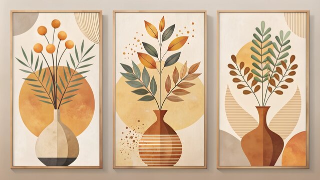 Set of Three Modern Minimalist Botanical Illustrations with Vases and Abstract Leaves in Earthy Tones