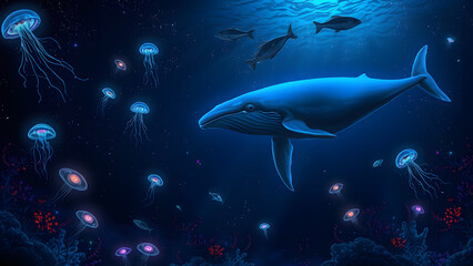 A blue whale is swimming in a sea full of jellyfish and fish. The scene is serene and peaceful, with the whale being the focal point of the image