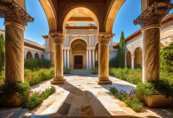 Obraz premium timeless columns surrounding radiant stone courtyard elegant architecture lush greenery, classic, design, ancient, structure, beauty, ornate, details