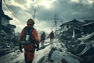 Rescue workers in orange suits walk through debris after a natural disaster.