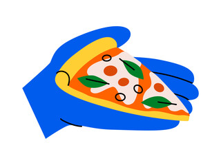 Hand drawn cute cartoon illustration slice pizza in hand. Fast food meal with arm. Flat vector unhealthy dinner delivery doodle. Italian cuisine icon. Eating disorder. Junk food overeating. Isolated.