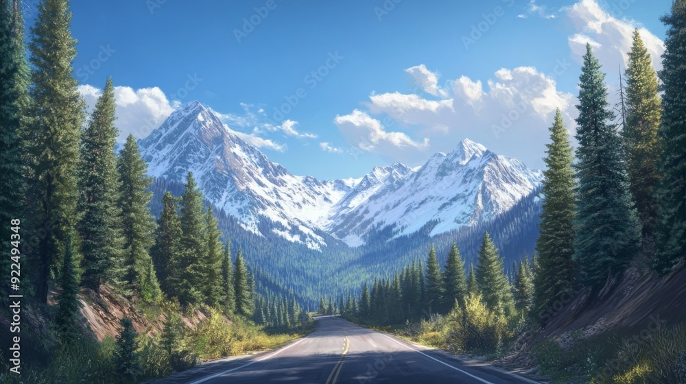 Poster a scenic mountain road lined with pine trees and leading through a picturesque valley, with distant 