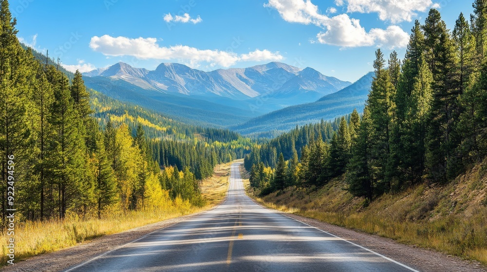 Poster a scenic mountain road lined with pine trees and leading through a picturesque valley, with distant 