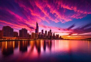 Obraz premium breathtaking skyline views captured during sunset featuring vibrant colors majestic architecture, cityscape, buildings, landscape, urban, clouds