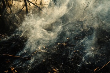 Smoke rises from the burnt remnants on the forest floor, obscuring the charred remains and creating an eerie atmosphere in the aftermath of a fire