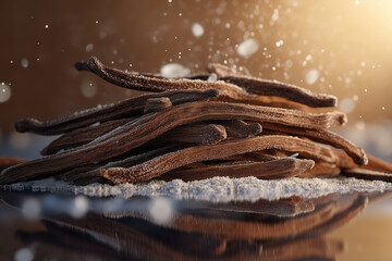 Close-Up of Dried Vanilla Beans with Sugar Crystals on Reflective Surface