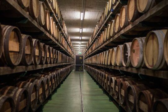 a corridor full of barrels at G&ouml;lles distillery in Styria