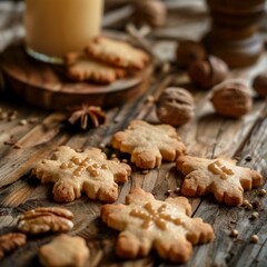 Nut cookies, walnut biscuits, butter cookies, crackers pile in shape of flowers, snowflakes, stars, round shortbread