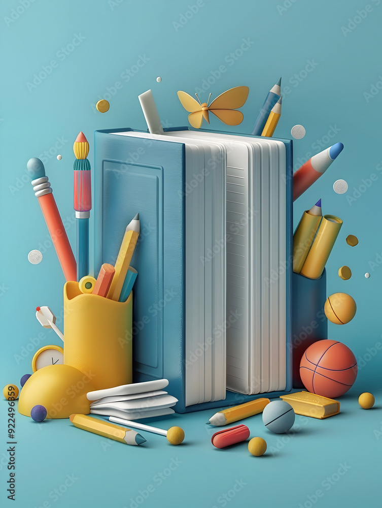 Sticker A book surrounded by writing tools on dreamy background for education concept