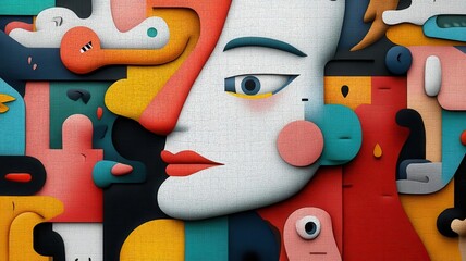 Obraz premium A vibrant, abstract art piece featuring a stylized face with bold colors and playful shapes, perfect for creative projects.