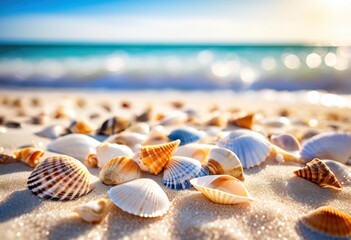 colorful seashells arranged pristine sandy beach clear blue waves background, shore, ocean, water, coast, marine, nature, landscape, summer, vacation