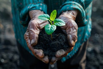 Plant in hands, young sprout, new plant growing in soil, organic farming, environment care, earth day