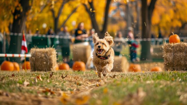Dog joyfully running through an autumn festival with hay bales and pumpkins during a sunny afternoon - Powered by Adobe