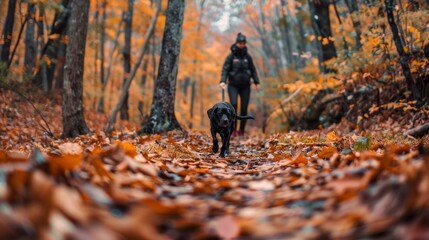 Dog and owner hike through autumn forest trail surrounded by colorful fall leaves