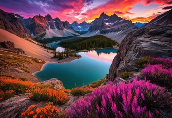 Naklejka premium stunning mountain landscape showcasing vibrant sunrise hues illuminating majestic peaks expansive skies, altitude, breathtaking, colorful, captivating, dawn