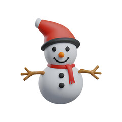 A chibi 3D Snowman with a large head, big eyes, wearing a Christmas-themed hat and scarf, with a carrot nose and coal buttons. The background is transparent.