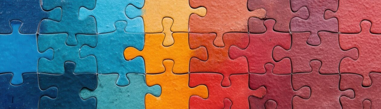 A vibrant puzzle composition featuring a gradient of blue, orange, and red pieces, symbolizing unity and creativity.