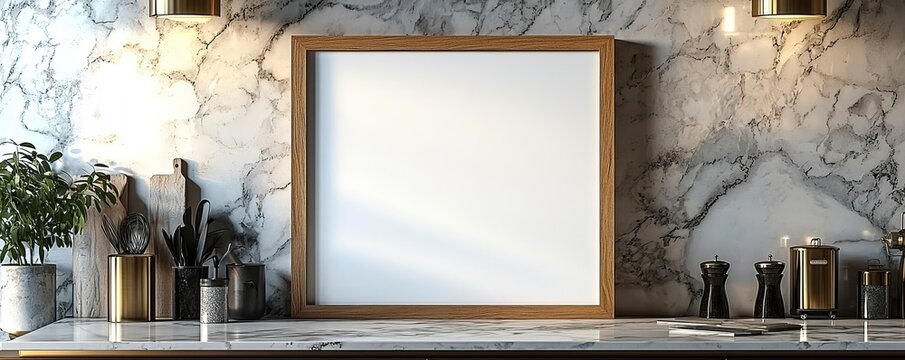 a blank 2x3 frame with a wooden border resting on a wall ontop of a marble kitchen countertop surrounded by kitchen components and an amazing light shot