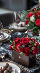 A beautifully arranged dining table features red roses, chocolates, and elegant tableware for a romantic evening