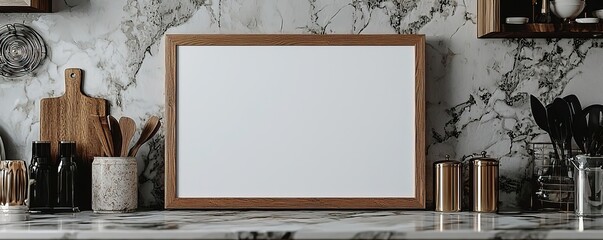 a blank 2x3 frame with a wooden border resting on a wall ontop of a marble kitchen countertop surrounded by kitchen components and an amazing light shot